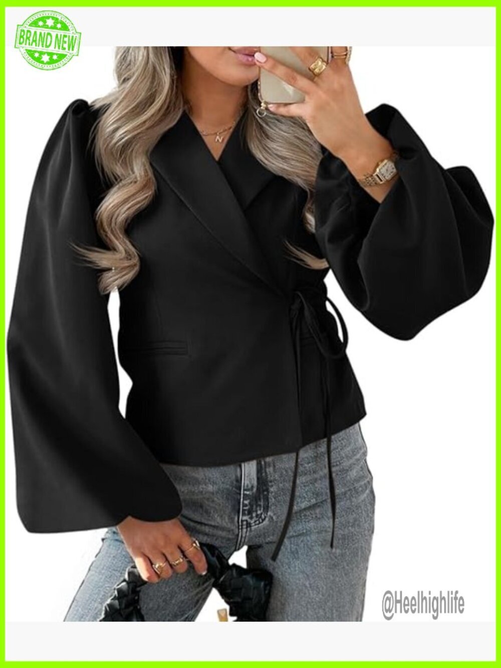 Puff Sleeve Cropped Blazer, V-Neck Wrap Front, Office to Dinner Jacket